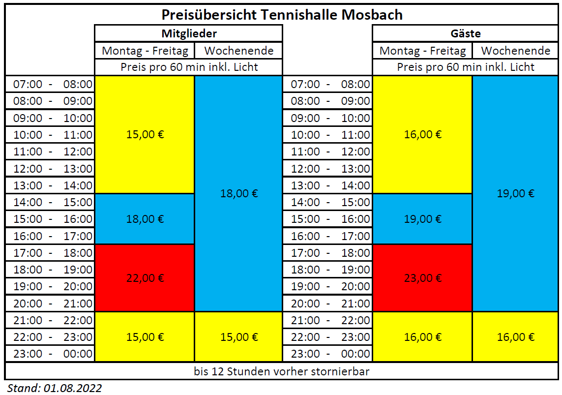 Preise Tennishalle Mosbach